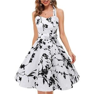 Topdress Vintage Black & White Floral 1950s Halter Retro Cocktail Dress Sz M